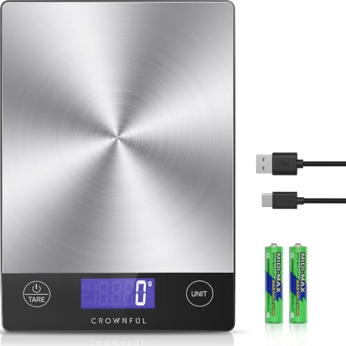 CROWNFUL Food Scale, 33lb Rechargeable 304 Stainless Steel Digital Kitchen Scale Weight Grams and Ounces with LCD Display and Type-C Charging for Meal Prep, Baking and Cooking - size: Large