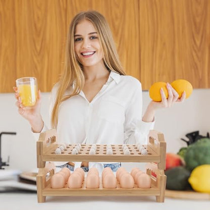 Bamboo Egg Holder 24 Pcs Eggs Rack Countertop Storage, Surface Paint & Handle Design for Kitchen Fresh Egg Holder Countertop and Fridge Egg Organizer - style: Farmhouse 24Pcs