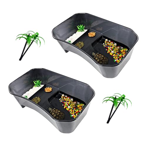 PINVNBY Small Turtle Tank Aquarium,2 PCS Plastic Tortoises Tank with Artificial Tree & Basking Platform,Hermit Crab Habitat Terrariums Easy to Clean,Durable,Safe(Black) - color: Black, size: 【2 PCS】