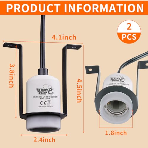 LUCKY HERP Reptile Ceramic Heat Lamp Holder, 2 Pack 300W Pet Heater Bracket (no Bulb Included), Heat Lamp Holder for Amphibians Terrariums Lizards Tortoise - style: 2 Pack