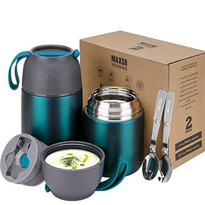 MAXSO 2 Pack Soup Thermo for Hot & Cold Food for Kids Adults, Vacuum Insulated Food Jar Thermal Lunch Containers, Travel Food Flask with Spoon (24 oz,17 oz) (Matte Green) - color: Green