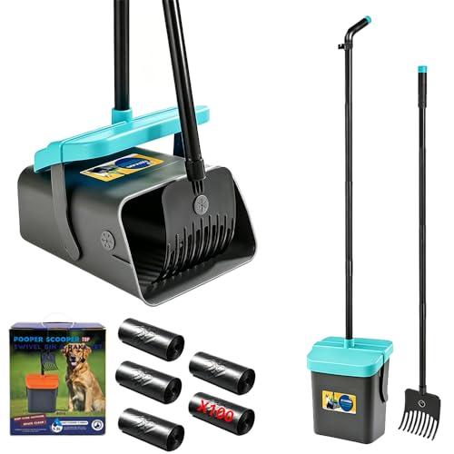 Pooper Scooper, 46" Long Handle Heavy Duty Picker-Upper, Swivel Bin Rake Kit with Bag Attachment, 100 Waste Bags for Small Large Dogs Puppy Poop Trash Litter Cleanup Yard Outdoor Pet Essentials - color: Gray & Turquoise Blue