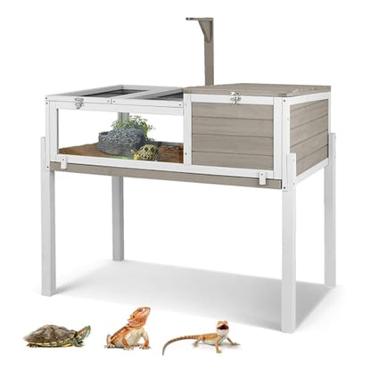 Standing Tortoise Habitat with Lamp Holder in Indoor & Outdoor, Wooden Turtle Enclosure Table with Detachable Legs, Leakproof Tray, Openable Roof for Tortle, Lizard, Chameleon, Grey