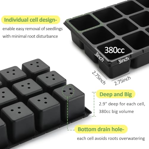 RooTrimmer 10 Pack 18 Cell Seed Starter Trays - 2.9 "Deep 3 Inch Big Cell Plastic Nursery Trays, 20" x 10", for 1020 Flat Trays Seed Germination, Planting Seedlings & Propagation - color: Black, size: 18 Cells-10P