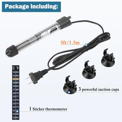 HITOP 50W Adjustable Aquarium Heater, Submersible Fish Tank Heater Thermostat with Suction Cups for 6-15Gal - size: 7in-50w