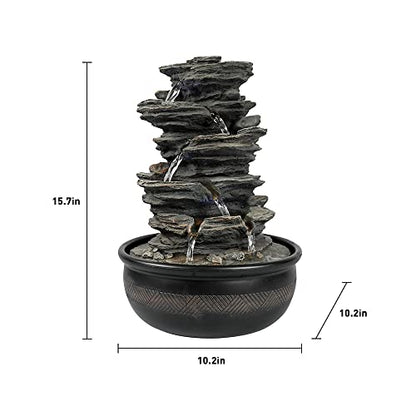 15.7” High Rock Falls Tabletop Water Fountain with LED Lights - 5-Tier Indoor Relaxation Waterfall Fountain, Small Cascading Water Feature for Home and Office Decor Gray-1