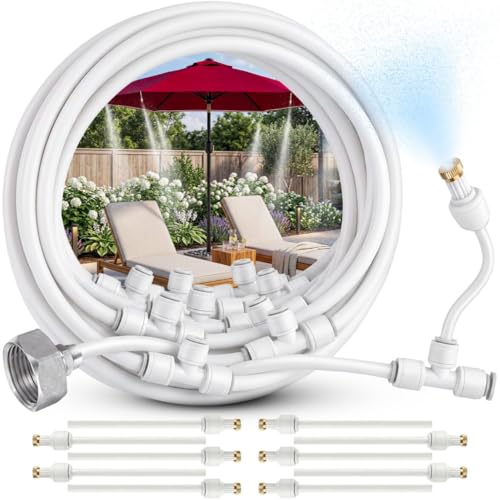 Misters for Outside Patio with Flexible Rod Nozzles, 33 ft, White | Misting System for Outside Patio Cooling, Garden Faucet Setup for Pergola, Garden, Greenhouse, Backyard - size: 33 FT
