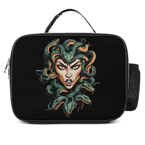 Medusa with Snakes Insulated Lunch Bag Polyester 27x21x9cm | Makeup Storage Tote with Removable Handle and Mesh Side Pocket for Women Men Work Picnic Travel