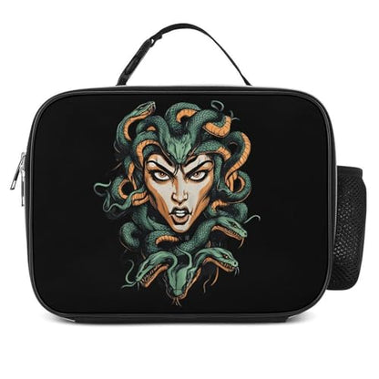 Medusa with Snakes Insulated Lunch Bag Polyester 27x21x9cm | Makeup Storage Tote with Removable Handle and Mesh Side Pocket for Women Men Work Picnic Travel