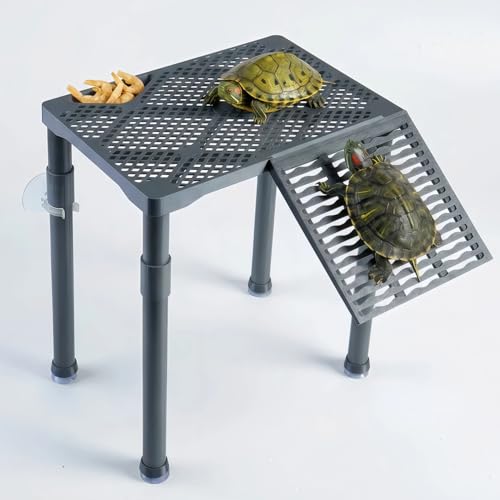 Large Wide Turtle Basking Platform with Built-in Food Tray, Zero Zip-Tied, Non-Slip Ramp, Resting Turtles Dock, for 50–120 Gallon Aquariums(14-in Width) Spacious Multi-Turtle Tank Accessories - size: 12.6 × 8.6 inch