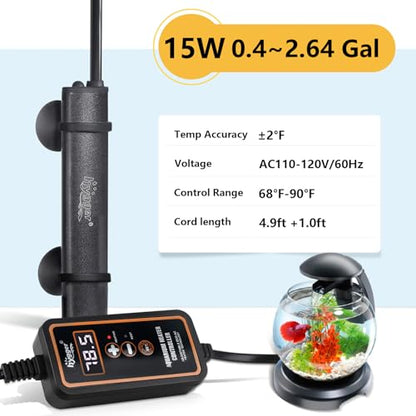 hygger Mini Submersible Aquarium Heater, Turtle and Betta Fish Tank Heater with Digital Display External Controller Freshwater