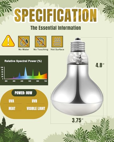 Heat Lamp Bulbs, 80 Watts UVA UVB Reptile Heat Bulb, 1 Pack | Full Spectrum, Basking Spot Light, Simulate Natural Sun Light, For Reptile and Amphibian, Silver