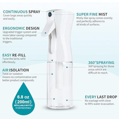 Continuous Spray Bottle for Hair, Refillable Gentle Mister (2 Pack, 6.8 Oz) | Long-Lasting Misting, Ultra-Fine Mist for Hairstyling, Cleaning Solutions, Planting, Pets, Barbers, Salons, Essential Oils - style: White & Black