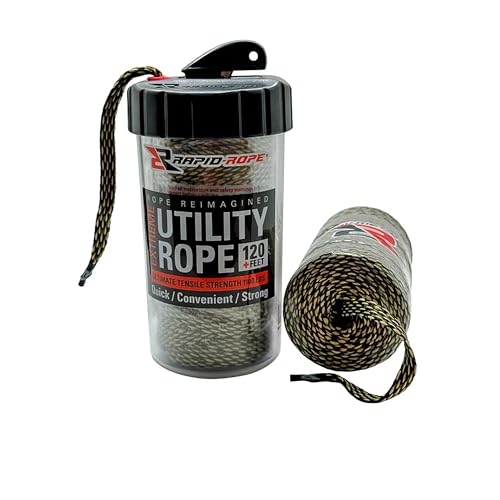 Rapid Rope Canister, 120ft Camo Tactical Paracord, 1100lb Test, USA Made | Heavy Duty Poly Rope Test Cord, Non-Tangle Dispenser Included, For Hiking, Camping, Survival, Utility, Stocking Stuffer, Gift - size: 120ft, style: Camo
