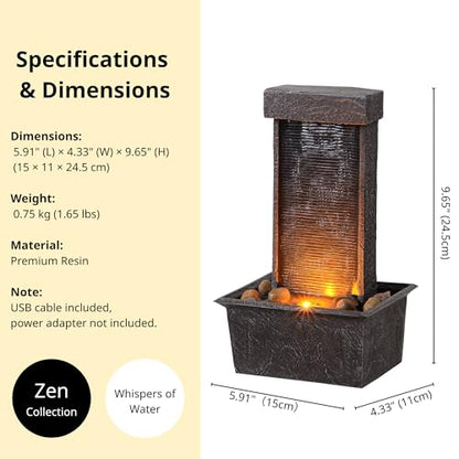 Straight Panel Tabletop Water Fountain LED-Lit – Indoor/Outdoor Decorative Waterfall Feature with Soothing Lights & Flowing Water for Home, Office, or Garden Décor
