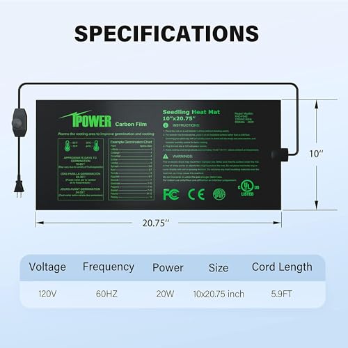 iPower Seeding Heat Mat with Thermostat Temperature Adjustable Knob, Durable Warm Hydroponic Plant Germination Starting Pad - size: 10" x 20.75", style: with Adjustable Knob