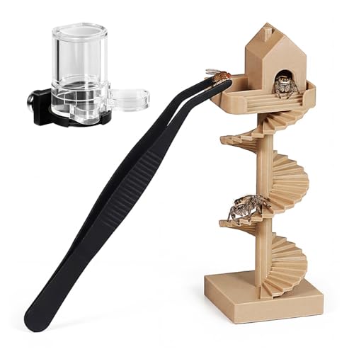 3Pcs Jumping Spider Enclosure Accessories Mini Spider House with Spiral Stair Feeding Dish Water Dispenser and Feeding Tongs Jumping Spider Hide Decor for Spider Enclosure Terrarium Habitat Kit