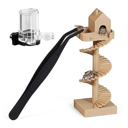 3Pcs Jumping Spider Enclosure Accessories Mini Spider House with Spiral Stair Feeding Dish Water Dispenser and Feeding Tongs Jumping Spider Hide Decor for Spider Enclosure Terrarium Habitat Kit