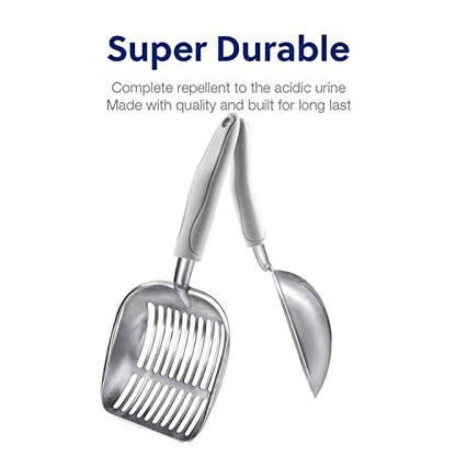 Cat Litter Scoop, Aluminum Alloy Sifter, Kitty Metal Scooper, Deep Shovel, Long Handle, Poop Sifting, Kitten Pooper Lifter, Durable, Heavy Duty, for Litter Box - color: FLAT Aluminum \ #05 Grey Handle, size: Large
