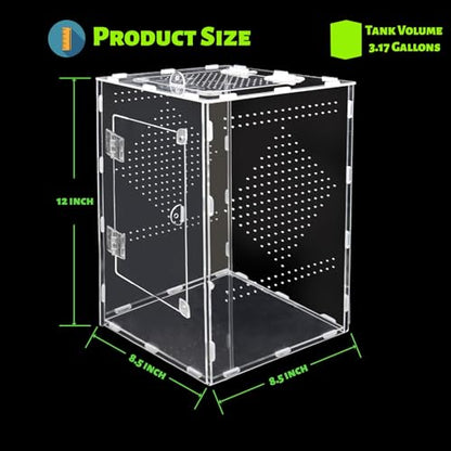 Large Jumping Spider Enclosure, Acrylic Ventilated Terrarium with Magnetic Front and Top Doors, 8.5x8.5x12 Inch, Transparent, Lockable (Large Size) - size: Large Size