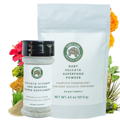 Baby Sulcata Tortoise Food Bundle | Superfood Powder + Vitamin & Mineral Topper | Complete Premium Diet & Nutrition for Baby Sulcata Tortoises | 30 Day Supply