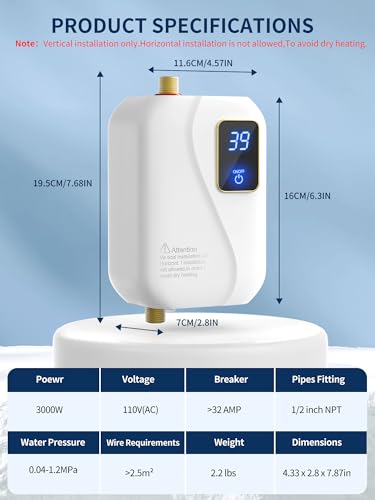 Electric Tankless Water Heater 110V 3000W, Under Sink Instant Hot Water Heater with Digital Display, Point of Use Portable Mini Heater for Kitchen Bathroom Sink