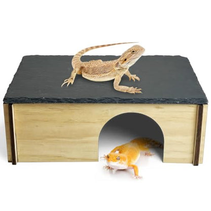 Tfwadmx Bearded Dragon Basking Platform with Hideout Wooden Lizard Hideout Reptile Slate Rocks Basking Platform with Hiding Cave Tank Accessories for Lizards Snakes Tortoise - size: Style 2: 11.8" x 7.9" x 3.9"