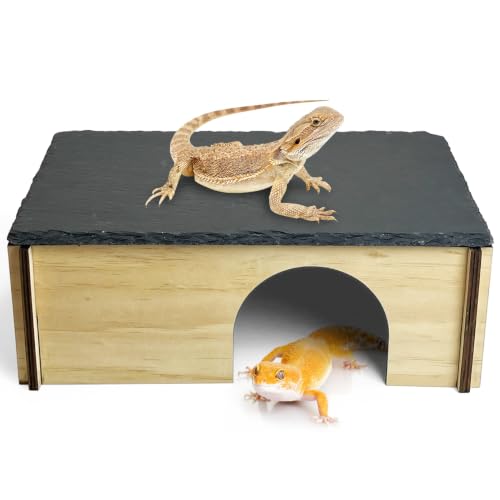 Tfwadmx Bearded Dragon Basking Platform with Hideout Wooden Lizard Hideout Reptile Slate Rocks Basking Platform with Hiding Cave Tank Accessories for Lizards Snakes Tortoise - size: Style 2: 11.8" x 7.9" x 3.9"