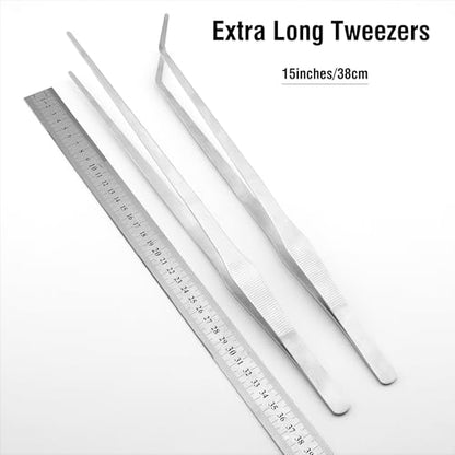 15'' Long Aquarium Tweezers, 304 Stainless Aquascaping Tongs, Pack of 2 | Snake Feeding Tweezers, for Salt & Fresh Water Fish Tank, Curved & Straight