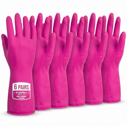 ForPro Natural Rubber Gloves, 6 Pairs Reusable Multi-Purpose Household Cleaning Gloves with Soft Inner Lining, Waterproof & Chemical-Resistant, Cotton Candy, Small - color: Cotton Candy, size: Small