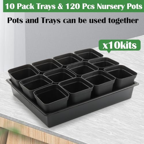 RooTrimmer 4 inch (10CM) Square Nursery Pots 120pcs, Sturdy Seedlings Trays 10 Pcs, Seeds Starter Germination Tray, Microgreening Planter Nursery Propagation 10 Sets - size: 4" Pots-120P + 16.2" x 13.2" x 2.6" Trays-10P