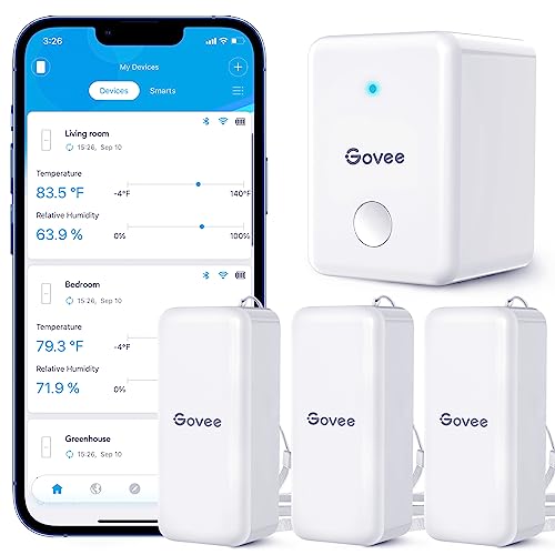 Govee Hygrometer Thermometer 3 Pack, Mini Humidity Sensor with Gateway | Indoor wireless smart temperature humidity monitor with APP alert, export 2-yr data, remote control for home/greenhouse - style: BT Gateway + 3 Sensors