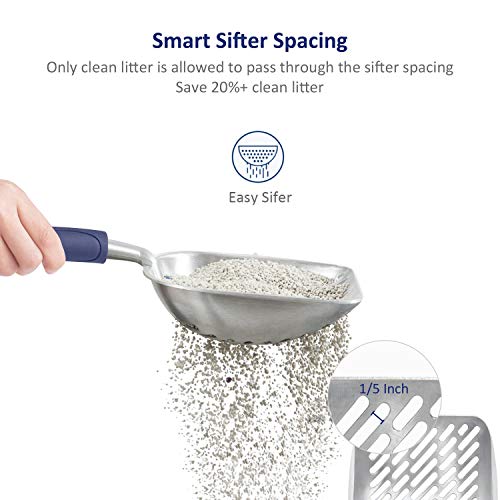 Cat Litter Scoop, Aluminum Alloy Sifter, Kitty Metal Scooper, Deep Shovel with Diagonal Sifting Hole, Long Handle, Kitten Poop Lifter for Litter Box, Large Size, Blue Handle - color: #01 Blue, size: Large
