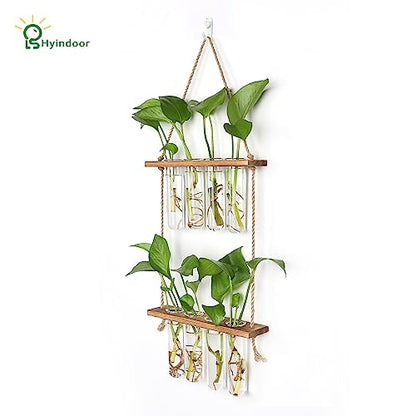 Hyindoor Wall Hanging Planter Terrarium 2 Tired Test Tube Vase Glass Planter Plant Propagation Station Plant Hangers of Rope with Wooden Stand and 8 Tubes for Hydroponic Plant Cutting - size: Small-8 Tubes