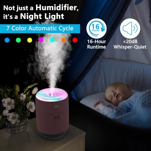 Colorful Mini Humidifier, USB Rechargeable Humidifier, 4 Modes Super Quiet, Humidifiers For Bedroom,Suitable For Travel Office Family-Rose Pink - color: Rose Pink