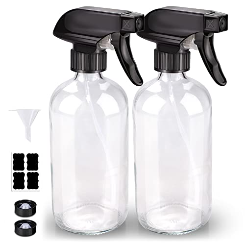 Bontip Glass Spray Bottle 16 oz for Cleaning, Plants (2 Pack, Transparent) | Refillable clear spray bottle Set, BPA-free eco glass, With labels and funnel, Great for cleaners, plant misting, hair care - color: Clear, size: 16 Ounces