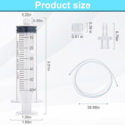 2 Pack 60ml Luer Lock Syringe with 39" Tube and Luer Connectors | 60cc Large Plastic Syringes for Liquid, Oil, Feeding, Watering - size: 60ml