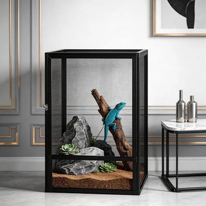 Reptile Cage, 17.7 * 17.7 * 31.5in Aluminum Alloy Reptile Pet Feeding Net Box Terrarium Mesh Cage 44lbs Removable Design with Escape-Proof Lock for Lizards Chameleons Snakes Spiders