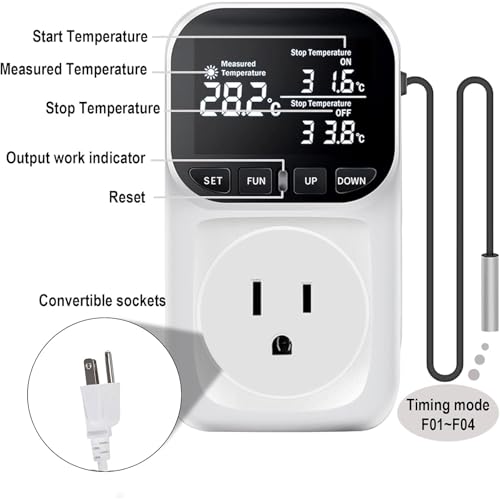 KABASI Digital Temperature Controller, Only Fahrenheit Dispaly with Sensor | Heavy Duty 15A Thermostat Outlet, Heating Cooling Control Timer Plug Socket for Greenhouse Refrigerator Terrarium Aquarium