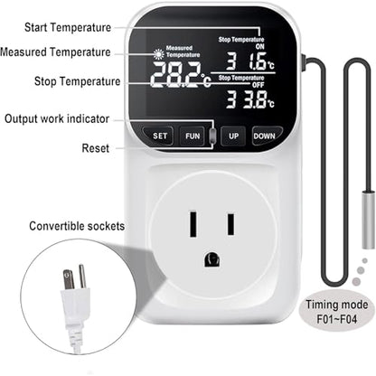 KABASI Digital Temperature Controller, Only Fahrenheit Dispaly with Sensor | Heavy Duty 15A Thermostat Outlet, Heating Cooling Control Timer Plug Socket for Greenhouse Refrigerator Terrarium Aquarium