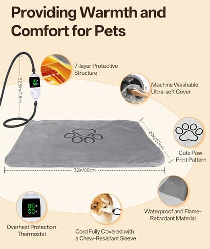Pet Heating Pad for Dogs with 12 Adjustable Temperature, Waterproof & Chew Resistant Dog Heating Pad with Timer, Heated Dog Bed with Fleecy Cover (L: 32” x 20”) - size: L: 32” x 20”