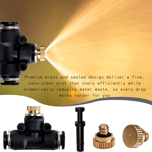 72 Pcs Brass Misting Nozzles Kit Includes 30 Heavy Duty Nozzles 30 Black Three Way Bases 6 Black Plastic Plugs 6 Brass Solid Plugs Suitable for Outdoor Cooling Systems