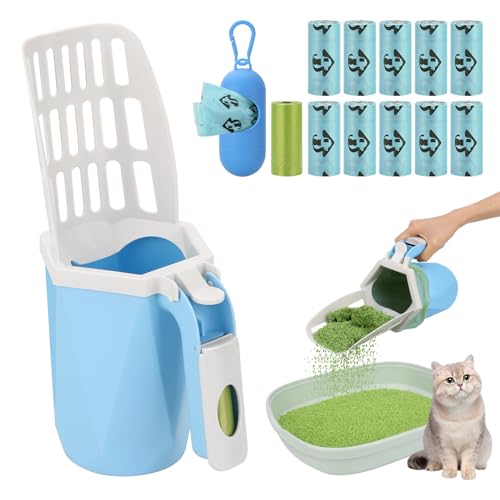 Upgraded Cat Litter Scooper with Holder, Portable Litter Shovel for Pet | Upgraded Cat Litter Shovel with Bags and Waste Can, Cat Scooper with Extra 150 Count Litter Waste Bags