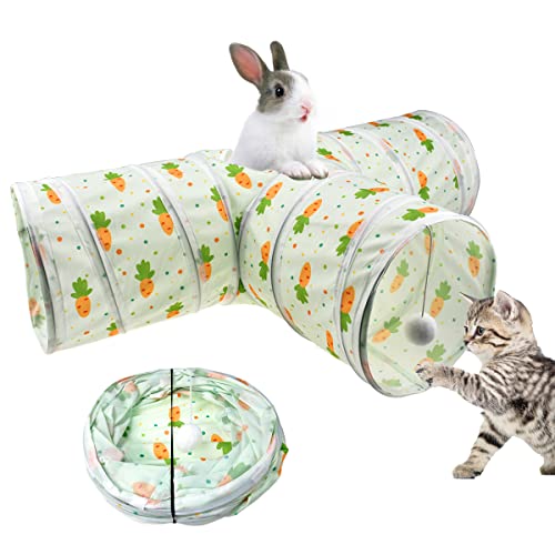 Bunny Rabbit Tunnels Rabbit Cat 3 Way Collapsible Tunnel with Cute Carrot Patterns Small Pet Hideout Activity Tunnel Tube Toy for Bunny Kitten Cat Dwarf Guinea Pig T Shape
