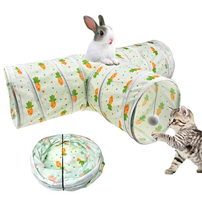 Bunny Rabbit Tunnels Rabbit Cat 3 Way Collapsible Tunnel with Cute Carrot Patterns Small Pet Hideout Activity Tunnel Tube Toy for Bunny Kitten Cat Dwarf Guinea Pig T Shape