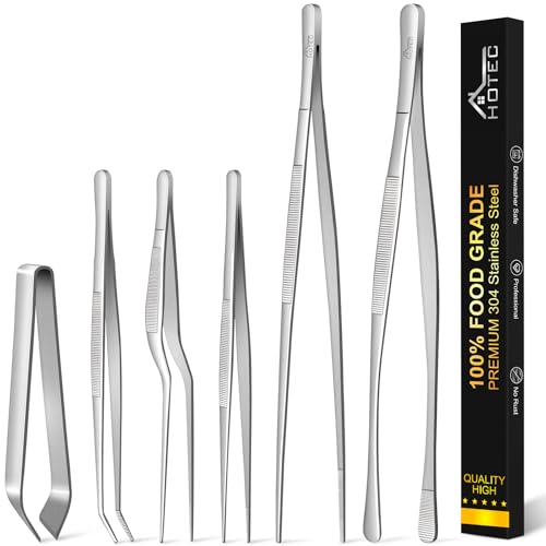 HOTEC Kitchen Tweezers Tongs Stainless Steel, Set of 6 - Professional Cooking Tweezers for Cooking, Chefs, BBQ, Seafood, Baking & Repair - color: Silver, size: 6PCS: 12, 6.3 & 4.5 Inch