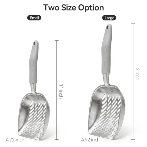 Cat Litter Scoop, Kitty Metal Scooper with Long Handle | Heavy Duty Aluminum Deep Sifter, Rustproof Durable Kitten Poop Shovel for Travel & Small Litter Box - color: Gray, size: Medium