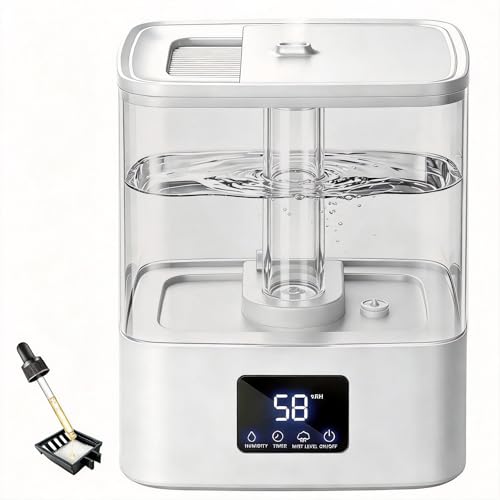 KZF 4L Top Fill Humidifiers for Bedroom & 40H Runtime - Cool Mist Humidifier, 3 Mist Levels, 8H Timer, Essential Oil Tray, Humidity Display, Quiet for Baby, Plants, Large Room (White, 4, Liters) - color: White