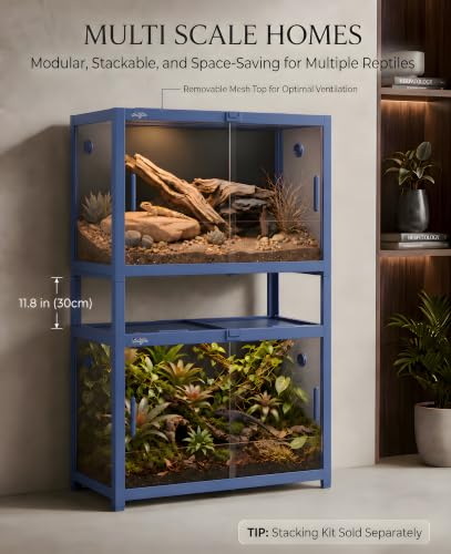 48 Gallon Reptile Tank, Leopard Gecko Reptile Enclosure Front Sliding Door | Stackable ventilation reptile terrariums Tank anti-escape locks and no-fingerprint handles humidification atomization - color: Blue, size: 48 Gallon