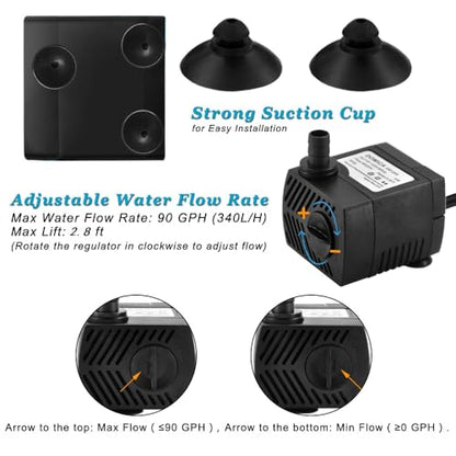 90 GPH Mini Submersible Pump, Small Fountain Pump (5W 350L/H) for water feature, Aquariums, Fish Tank, Tabletop Fountain, Pet Fountain, Indoor or Outdoor Pond Fountain (AC Powered)